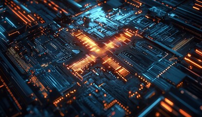 Obraz premium A digital artwork featuring an abstract circuit board design with glowing elements, creating the letter 'X'