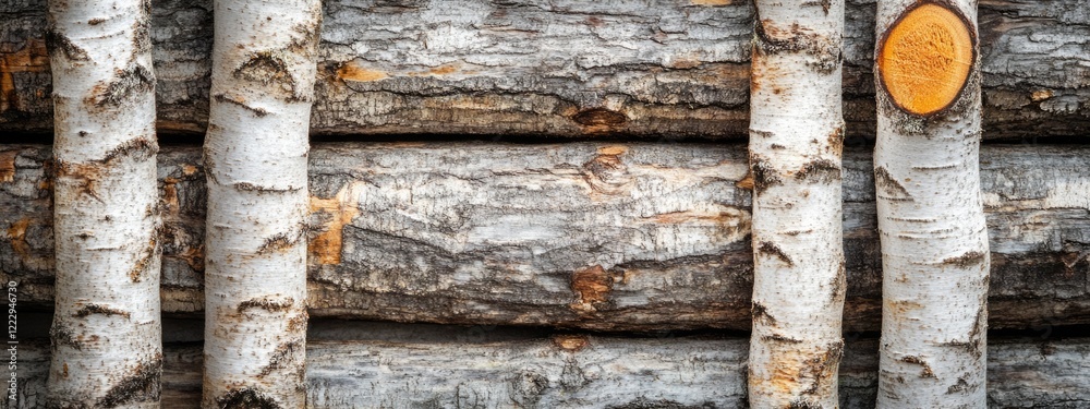 Fototapete dried wooden logs with birch bark texture and empty space for text ideal for rustic design projects 