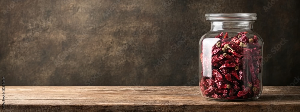 Fototapete dried chili peppers in a glass jar on a rustic wooden table with a textured background and ample cop