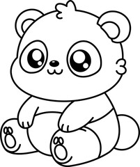 A cute cartoon baby panda sitting down with a friendly expression. Simple black and white line art, perfect for coloring pages or a minimalist design
