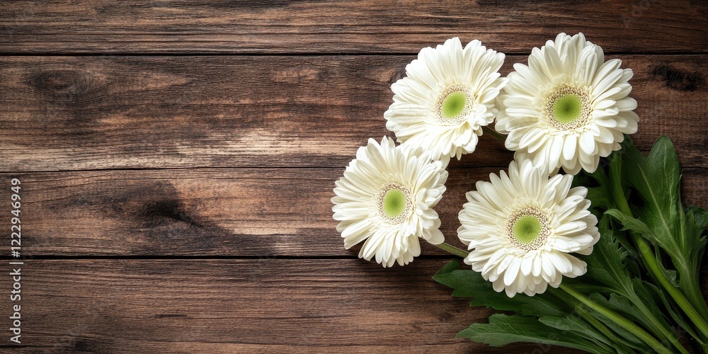 Poster elegant flat lay of white gerbera daisies on wooden background with ample copy space for floral desi