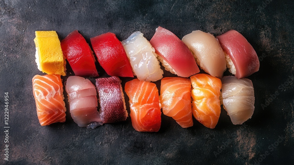 Poster assorted sushi selection on dark background elegant presentation for gourmet dining healthy meal opt