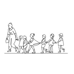 Fototapeta premium One continuous single drawing line art flat doodle child, teacher, education, walking, stroll, childhood, hand, primary school student. Isolated image hand draw contour on a white background, hand dra