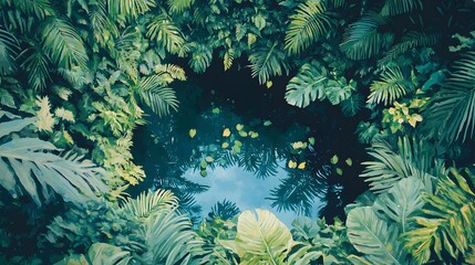 Lush greenery framing a tranquil blue pool, vibrant foliage surrounding serene water, perfect for relaxation themes.