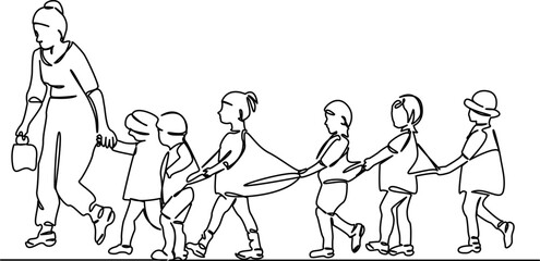 One continuous single drawing line art flat doodle child, teacher, education, walking, stroll, childhood, hand, primary school student. Isolated image hand draw contour on a white background, hand dra