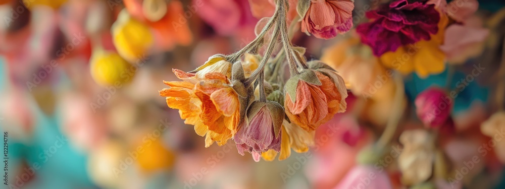 Leinwandbilder Dried Colorful Flowers in a Vibrant Bouquet with Soft Focus and Empty Space for Text or Graphics