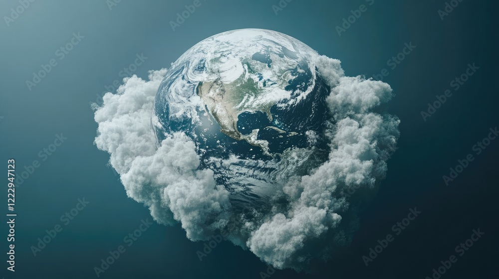 Aufkleber Satellite view of Earth encircled by clouds showcasing a panoramic perspective with ample space for text and graphic design elements