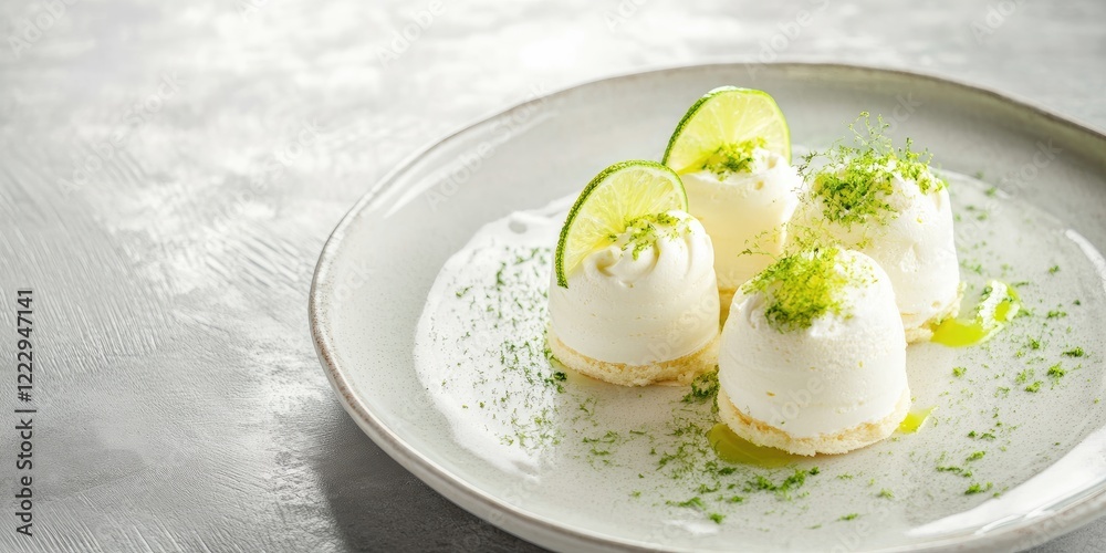 Aufkleber Elegant lime mousse dessert on a white plate with fresh zest and lime slices against a soft textured background for customizable text space