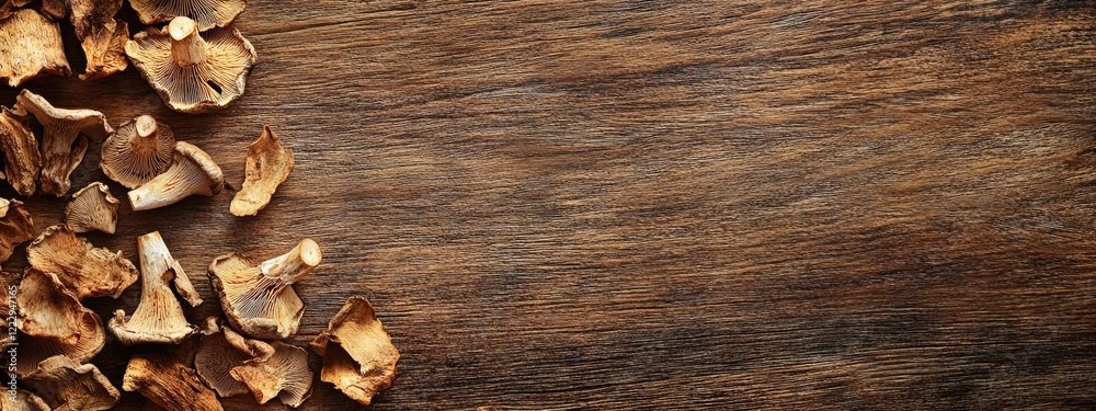 Poster dried mushrooms on wooden surface rustic cooking ingredients with empty space for customized text or