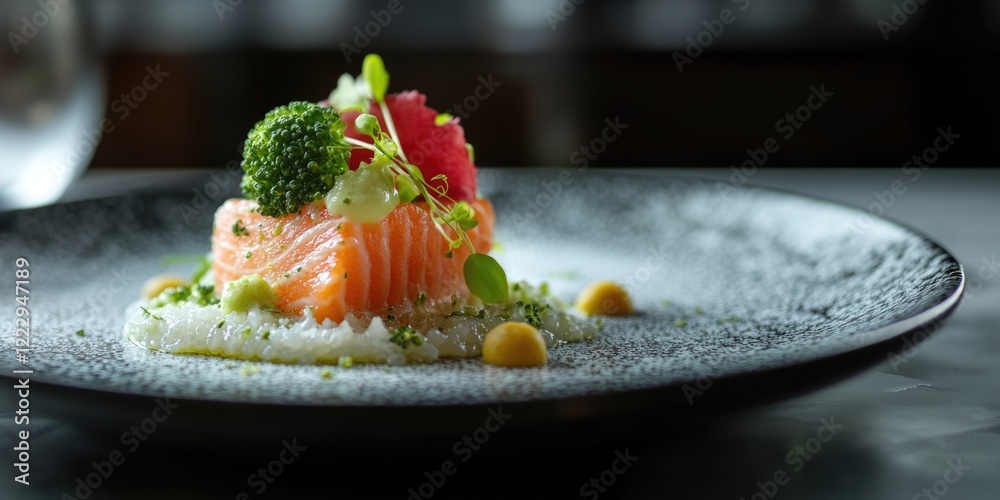 Poster elegant salmon fillet dish with broccoli presented on a textured plate showcasing gourmet culinary a