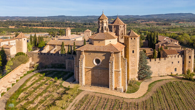 Aerial view of the Royal Abbey of Santa Maria de Poblet in Catalonia, Spain