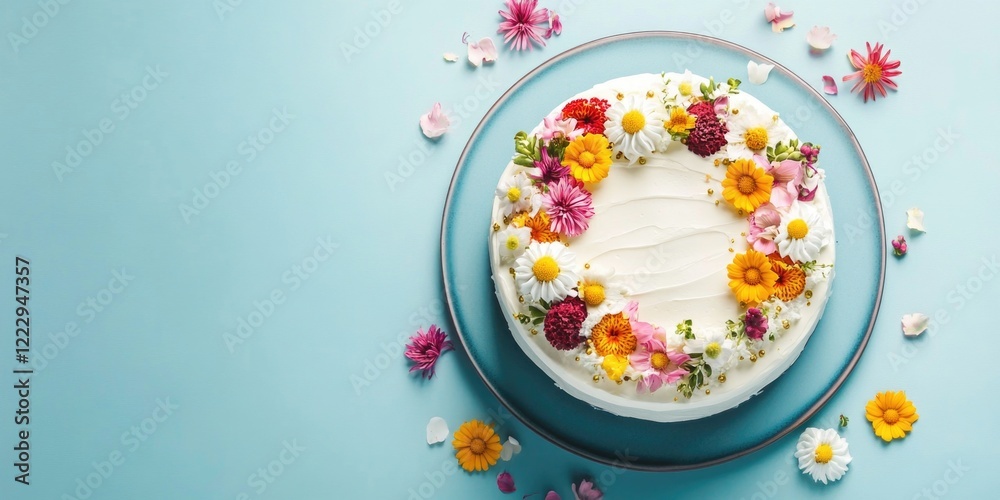 Poster elegant floral decorated cake for father's day with empty space for personalized text and vibrant ba