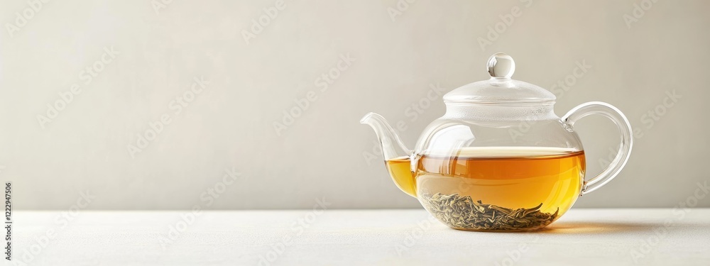 Poster dried organic green tea in a glass teapot on a minimalist kitchen table with ample empty space for t