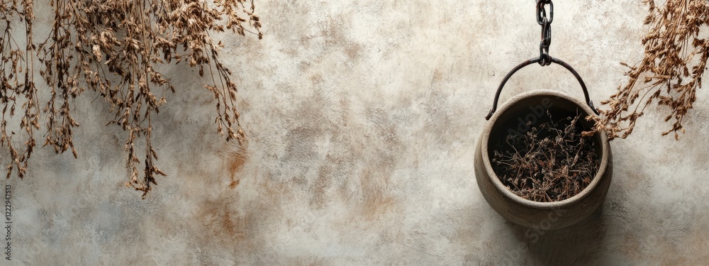 Leinwandbilder Dried plant in empty pot hanging on a chain with textured background and ample copy space for text or branding placement.