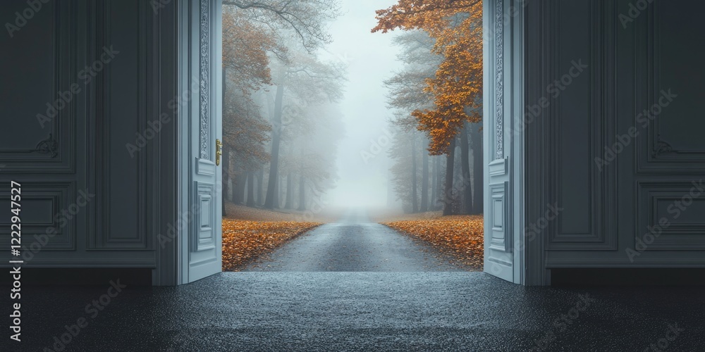Aufkleber Serene Doorway Leading to a Misty Pathway Surrounded by Autumn Foliage with Ample Space for Text and Branding