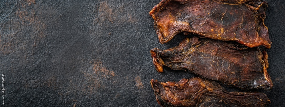 Poster Dried smoked meat slices on a dark background with empty space for text ideal for food advertisements or product showcases