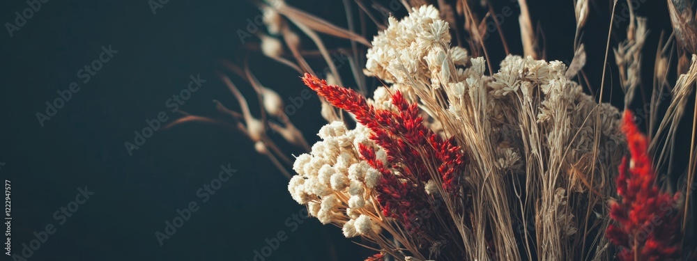 Aufkleber dried flower bouquet artfully arranged on a dark background with ample copy space for personalized t