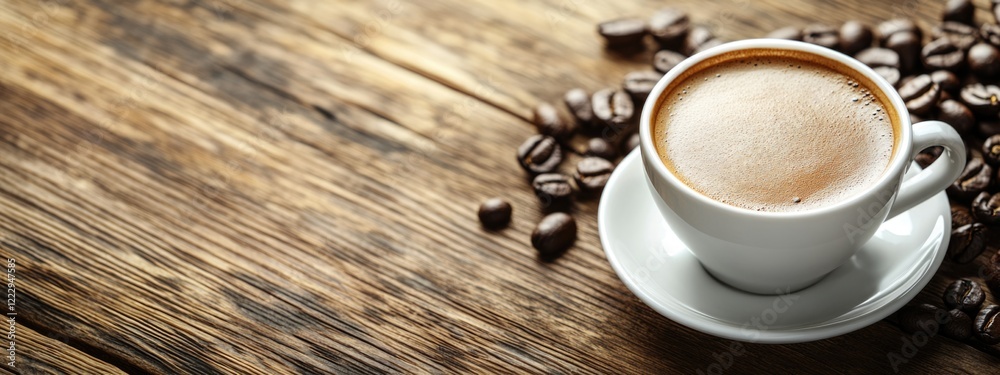 Poster drip coffee in a white cup on a wooden table with coffee beans and empty copy space for text in a ba