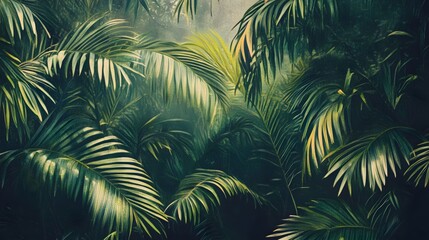 Lush green foliage in a serene setting, vibrant tropical plants creating a calming atmosphere, perfect for nature themes.