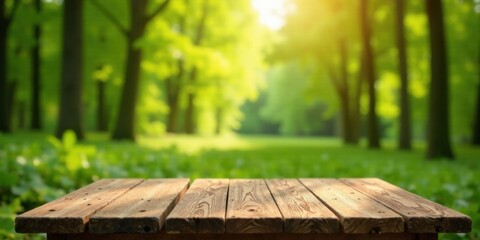 Fototapeta premium Rustic Wooden Tabletop in a Sunny Forest Setting, Ideal for Product Displays or Nature-Themed Designs
