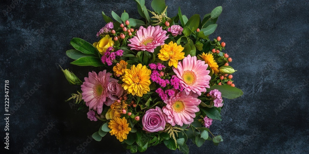 Poster Elegant flat lay of a vibrant pink and yellow flower bouquet on a dark background with empty space for customizable text or graphics