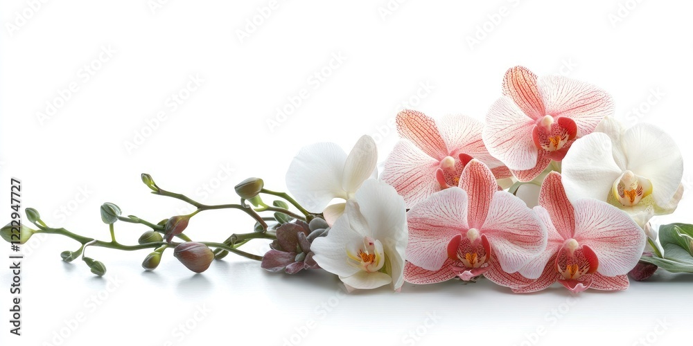 Poster elegant floral arrangement featuring pink and white orchids on a white background with ample empty s