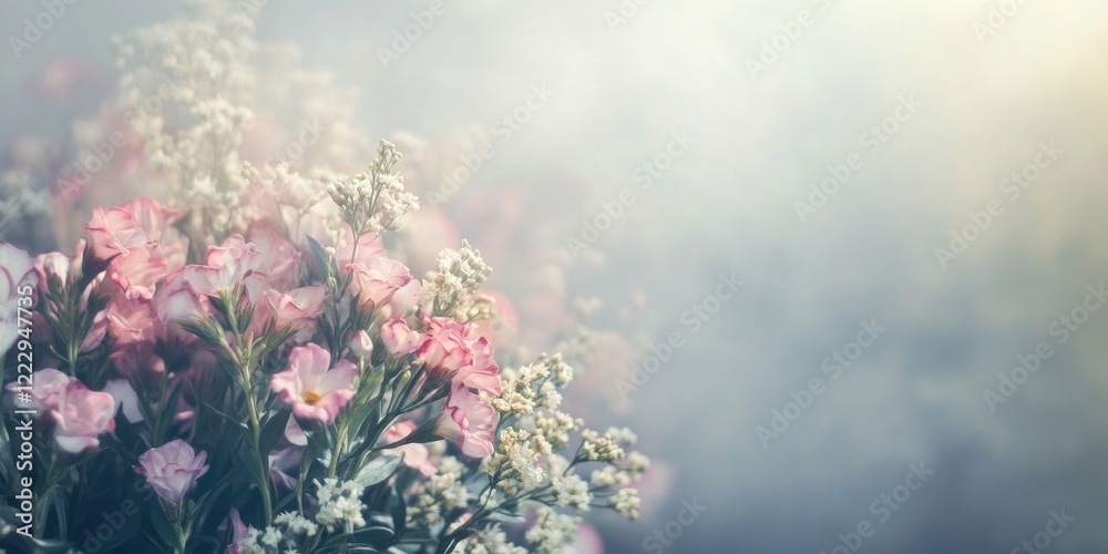 Poster Serene floral composition in a misty garden environment featuring soft pink blooms and ample empty space for text and design elements