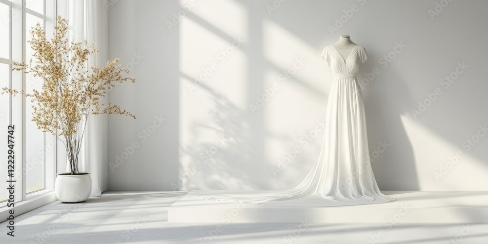 Aufkleber elegant bridal gown showcased in a bright shop setting with natural light and minimalist decor for c