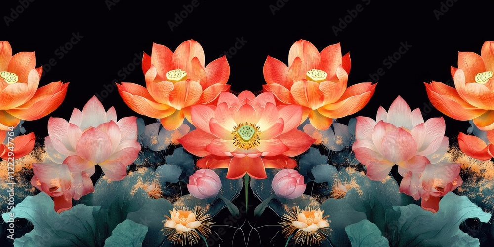 Poster vibrant floral arrangement featuring tulips and lotus flowers with intricate details and ample copy 