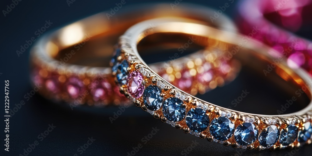 Poster Elegant close-up of gemstone rings featuring intricate designs on a dark background with ample space for text or promotional content
