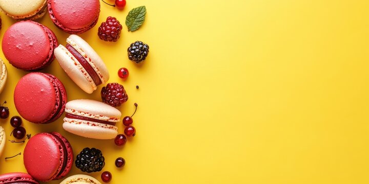 Colorful French macarons arranged artistically with berries on a vibrant yellow background perfect for a dessert promotion or culinary design.