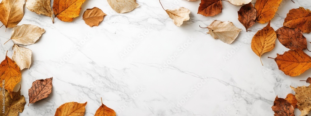 Aufkleber Dried autumn leaves arranged on a white marble background creating a seasonal fall flat lay with space for text and design elements.