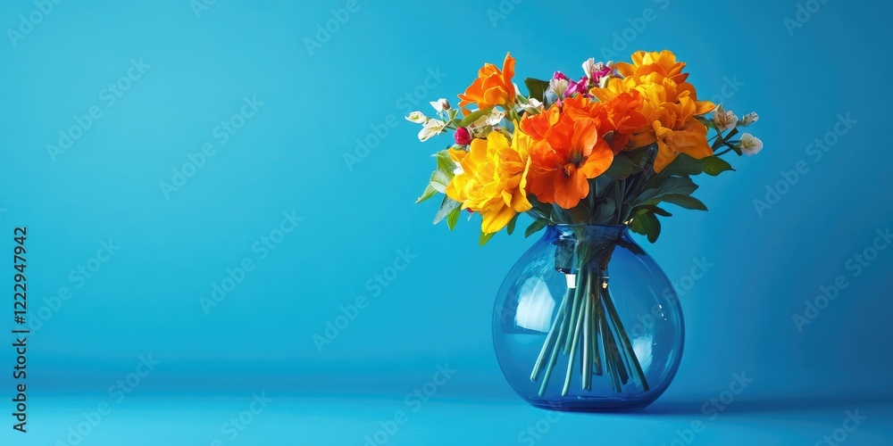 Aufkleber vibrant bouquet in elegant glass vase against a blue background with empty space for text and design