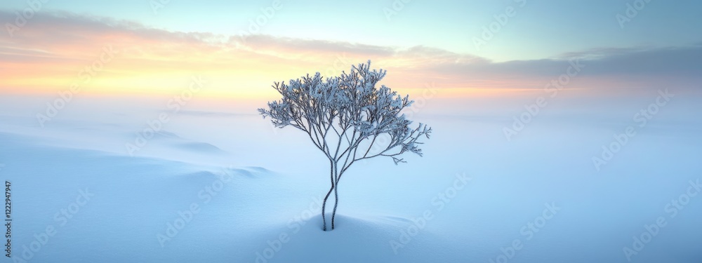 Poster dried plant silhouetted in snowy fog at sunset creating a serene and minimalist winter landscape wit