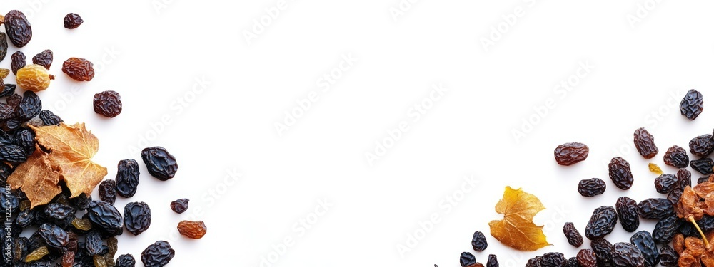 Poster Dried fruits composition featuring raisins prunes grapes and dates on a white background with space for text or design elements