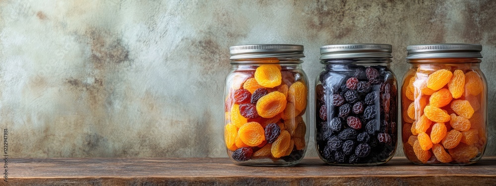 Poster assorted dried fruits in glass jars on wooden countertop with blank space for text background health