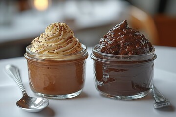 Two creamy chocolate mousse desserts one topped with whipped cream served in small glass jars