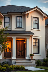 Luxury Home Exterior: Modern Architectural Design with Classic Elements. Beautiful Residential Property with Landscaping and Evening Lighting