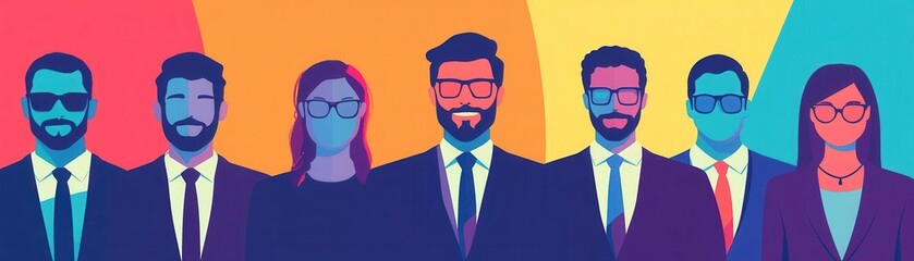 A vibrant, stylized illustration of a diverse group of professionals in suits, set against a colorful background.