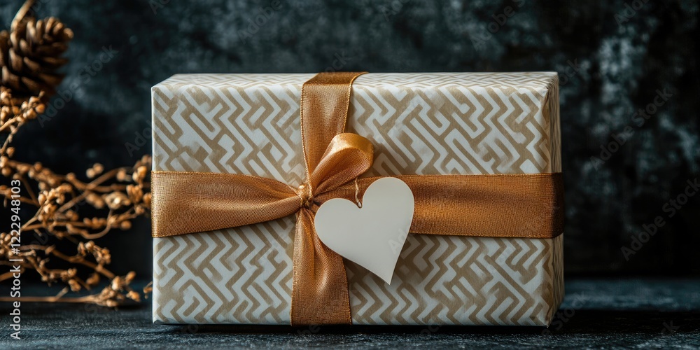 Aufkleber Elegant gift box adorned with gold ribbon and heart tag creating a festive atmosphere with blank space for personalized text or message