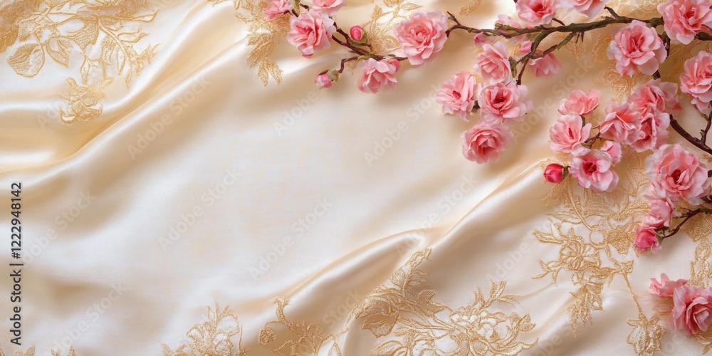 Aufkleber elegant fabric draped with pink flowers and intricate gold embroidery offering ample space for custo