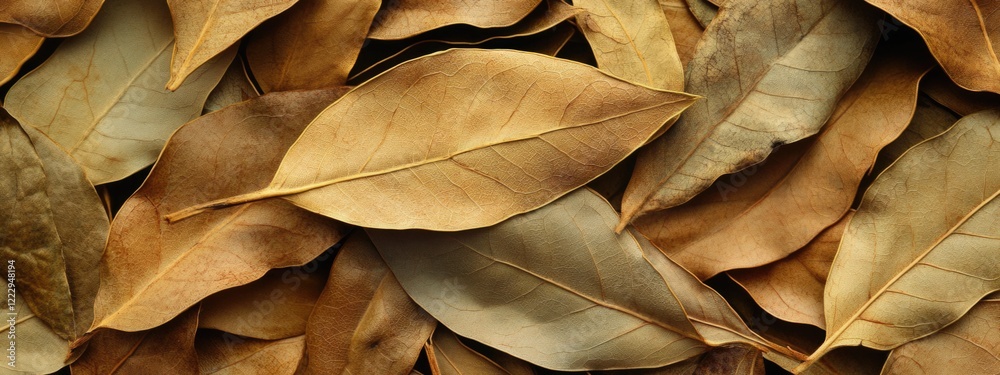 Aufkleber Dried bay laurel leaves texture background with ample space for text showcasing natural herbs and spices in culinary applications