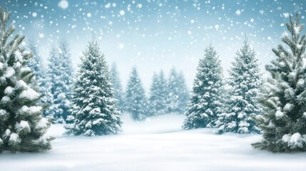 Naklejka premium Serene winter landscape featuring snow-covered firs and pines in a tranquil forest scene ideal for seasonal celebrations and nature themes