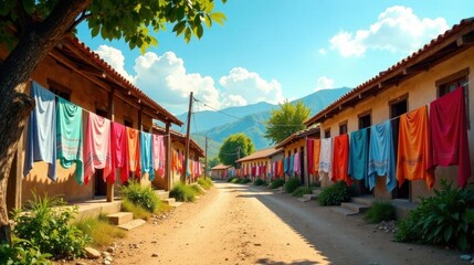 Obraz premium Vibrant textiles drying in the sun along a rustic village lane, nestled amidst a picturesque mountain landscape, offering a tranquil and colorful scene.