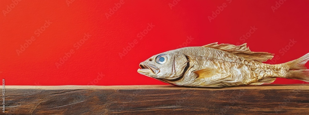 Aufkleber Dried fish on wooden table with vibrant red backdrop and ample space for text or design elements