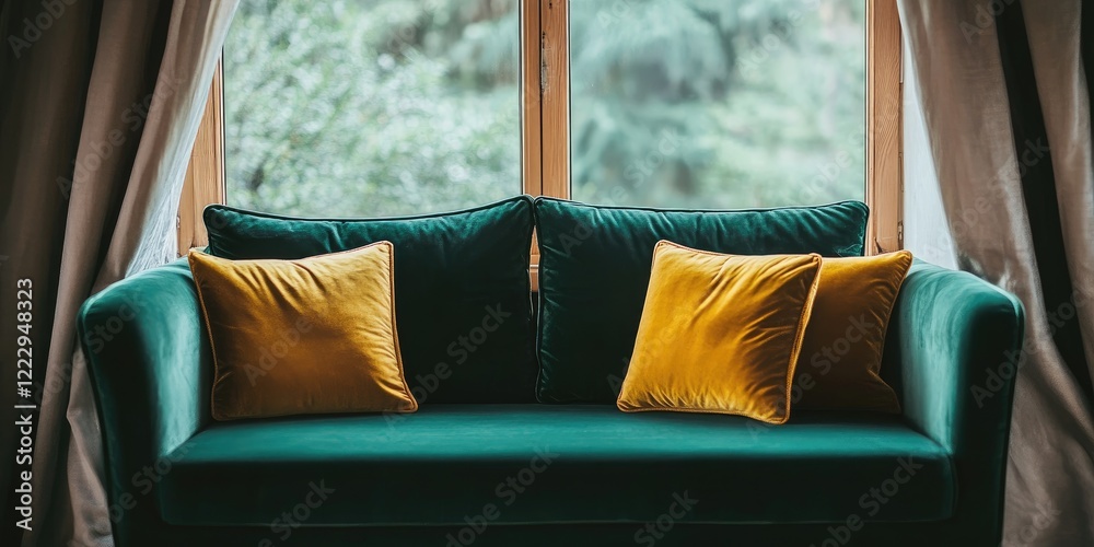 Poster sophisticated dark green sofa with vibrant cushions in a minimalist interior, featuring natural ligh
