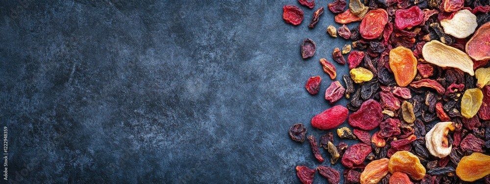 Poster Dried Fruits Colorful Background with Empty Space for Text in Top View Close-Up Arrangement Ideal for Healthy Snack Promotions