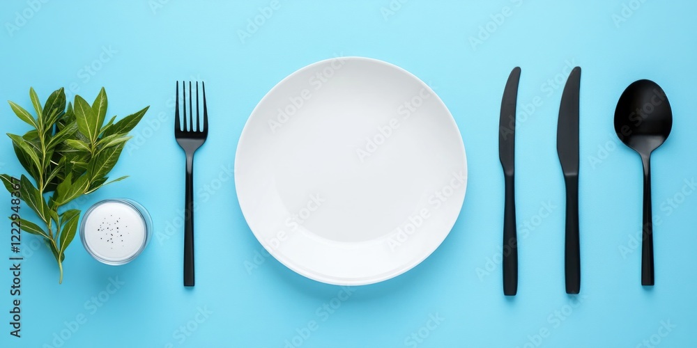 Poster elegant table setting with black cutlery and fresh greenery on blue background for fine dining theme