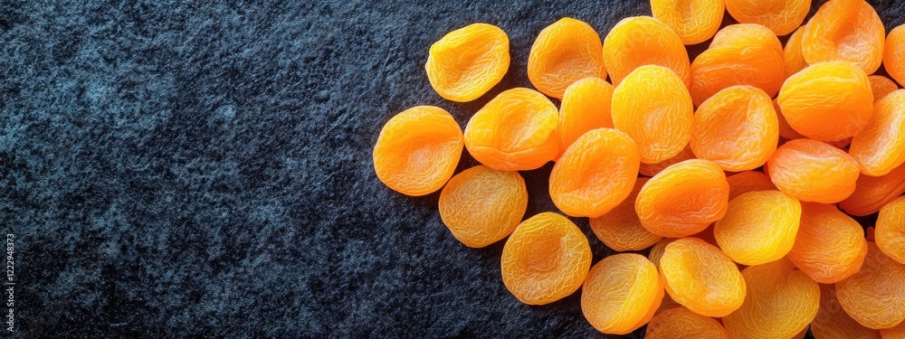 Poster dried apricots arranged for winter storage with blank area for text showcasing calorie content and n