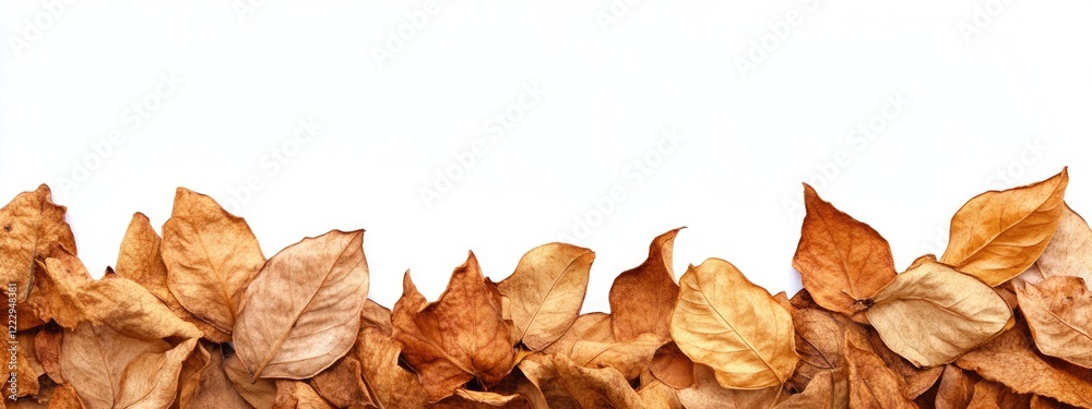 Poster Dried orange leaves arranged at the top of a white background with ample empty space for text or graphics below the foliage.